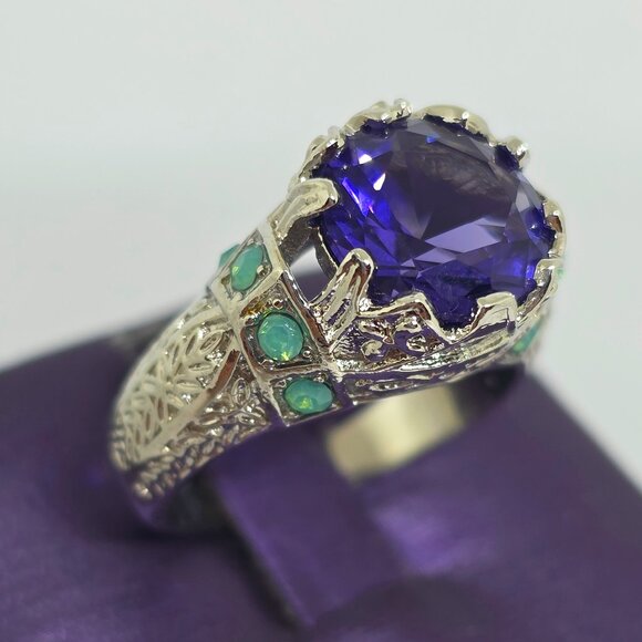 Faux Purple Amethyst Green Opal Filigree Silver Cocktail Ring Marked 925 SZ 7.25 - Picture 10 of 13